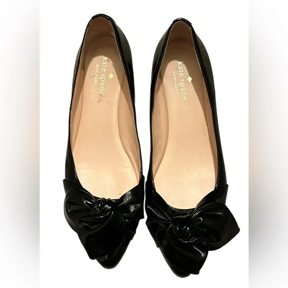 KATE SPADE Black Patent Leather ~ Size 8 ~ Women’s Slip On Flat Shoes With Bow - Picture 5 of 14